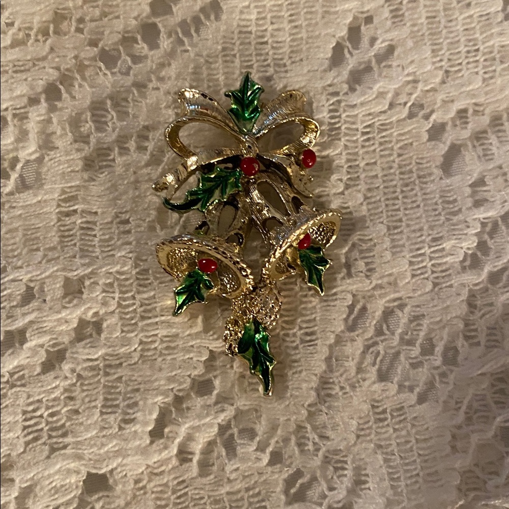 Vintage Gerry’s  Gold Tone Holly and Bells Enameled Christmas Brooch Pin